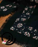 ست روسری نخی و ساق دست و هدبند مشکی گلدار خالدار - Image 2