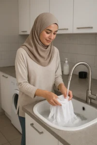 خانمی در حال شستشوی لباس سفید