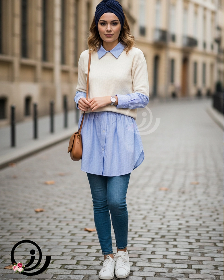 ست دامنی فیک و یقه حجاب و ساقدست راه راه - Image 2