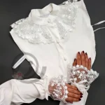 ست ساقدست و یقه گیپور پاپیونی شیری